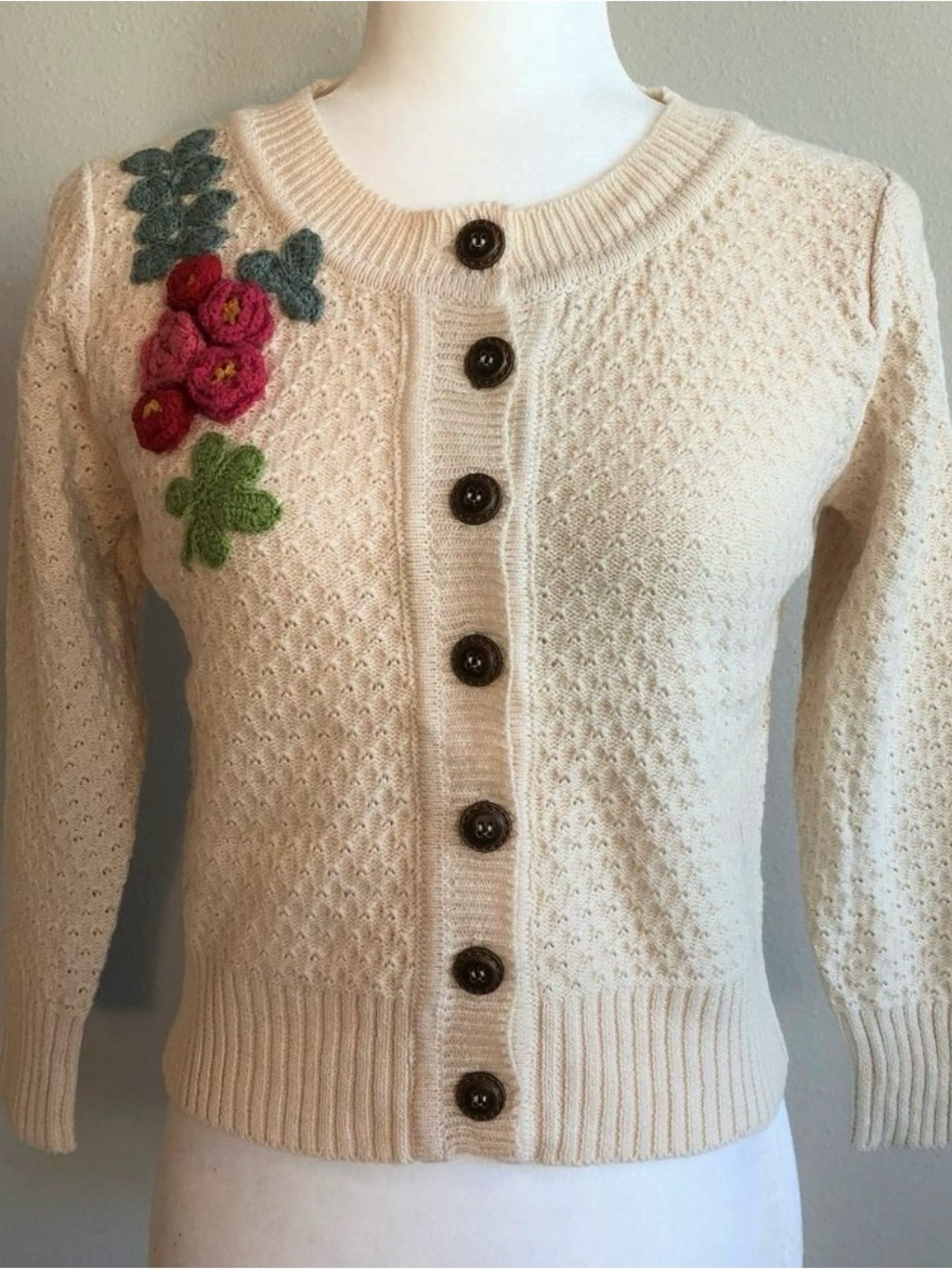 Cream Floral-Appliqué Button-Up Cardigan Sweater